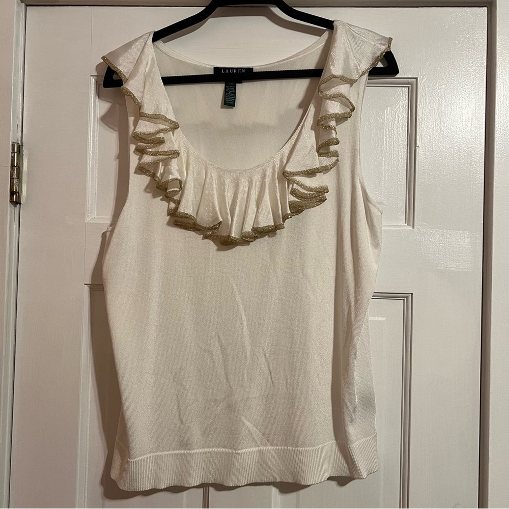 #173 LAUREN BY RALPH LAUREN SLEEVELESS TANK TOP W. GOLD TRIM RUFFLE SIZE X-LARGE